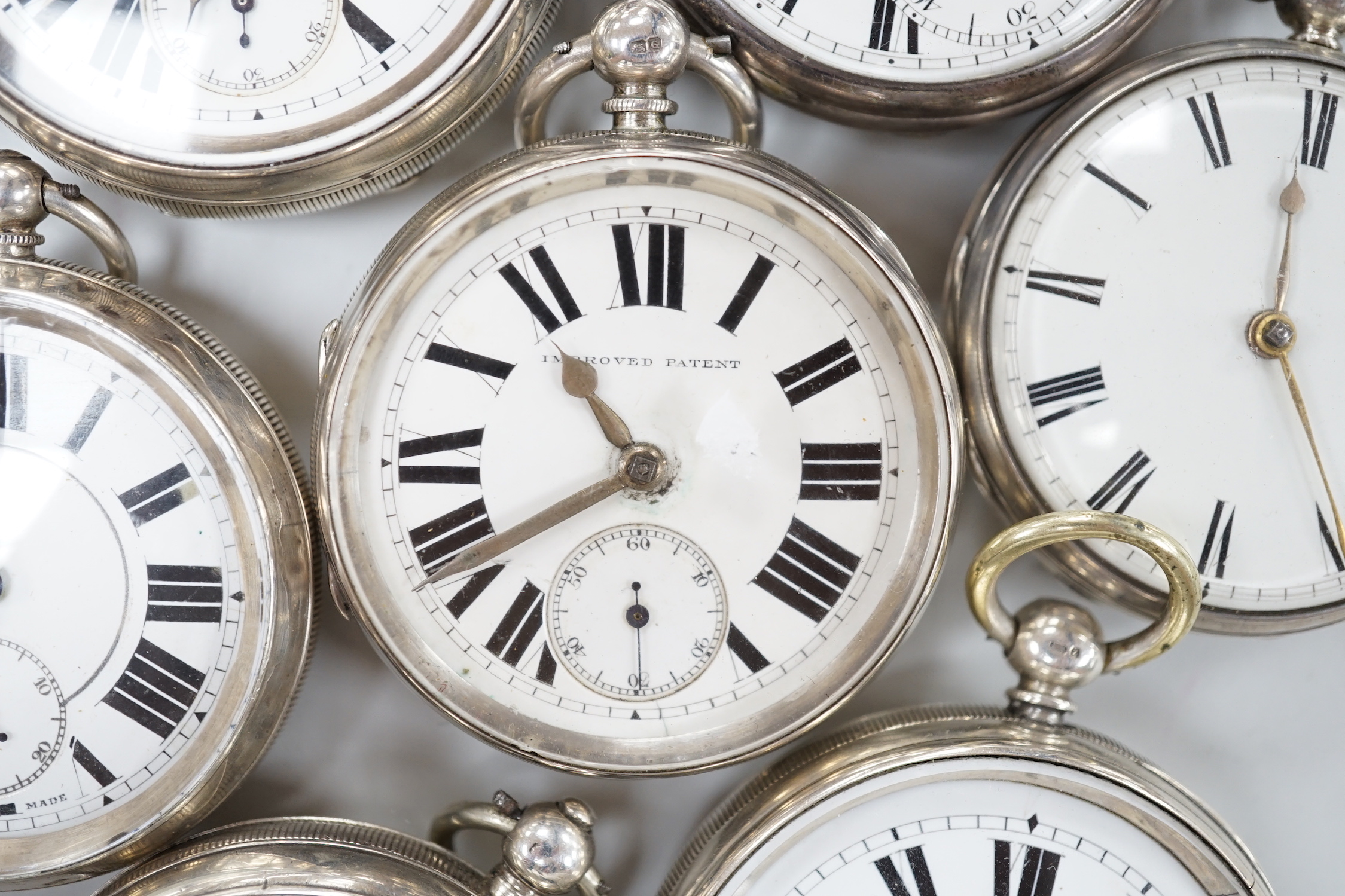 Ten assorted silver or white metal pocket watches including W. Turner and Improved Patent(2).